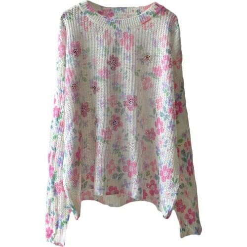 European Autumn New Thin Hot Diamond Craft Pink Hollow Sweet Flower Knitted Wool Sweaters Women Tops Fashion Streetwear 2021