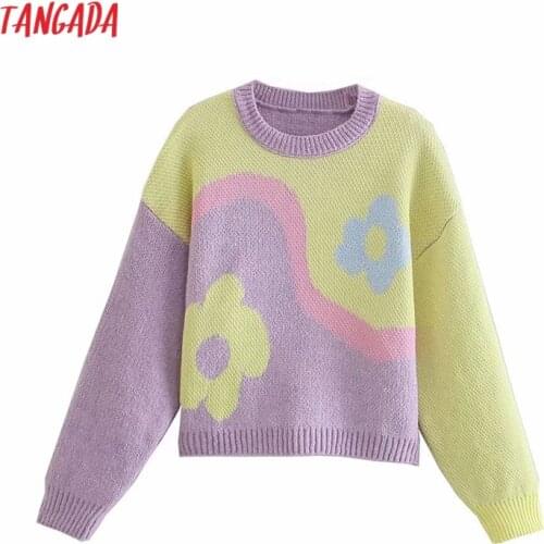 Tangada Women 2021 Flower Pattern Knitted Sweater Jumper O Neck Female Elegant Oversize Pullovers 3H309