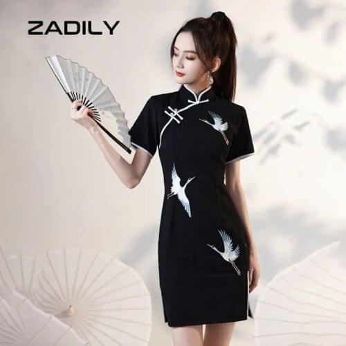 ZADILY Crane print Chinese traditional Women Black Dress 2021 Summer Short Sleeve Emprie Hem Split Party Mini Ladies Dresses