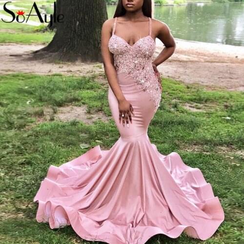 SoAyle Mermaid Evening Dress Plus size 2019 Sweetheart Prom Dresses Pink Birthday Prom Party Gown Beading Long Vesidos De Festa