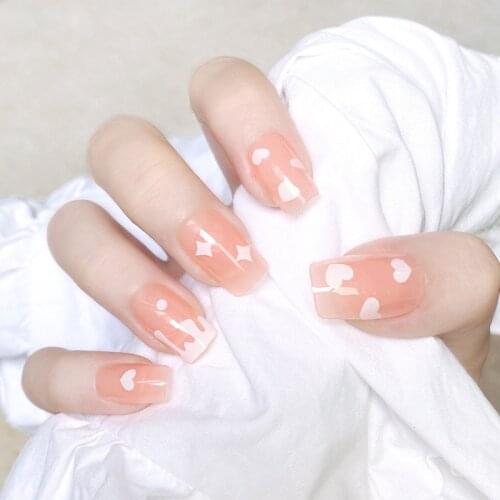 24pcs/Set Summer Nude Pink False Nails Cute White Heart Pattern Square Head Artificial Beauty Full Nail Art Tips with Glue