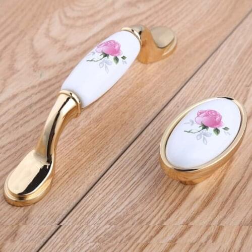 96mm modern fashion rural pink rose ceramic wine cabinet dresser door handles 16mm silver gold drawer shoe cabinet knobs pulls