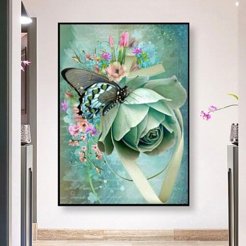 Diamond Painting Kits Green Flower Butterfly 5D DIY Full Round Drill Handmade Diamond Embroidery Mosaic Cross Stitch Decor GG728