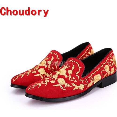 Choudory italian mens shoes red velvet summer spike dress loafers embroidery flats wedding party formal shoes men