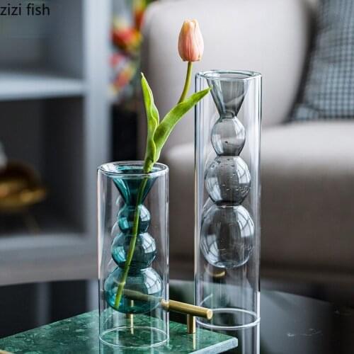 Colored Transparent Glass Vase Desktop Decoration Flower Arrangement Container Double-layered Glass Flower Vase Hydroponic Vases