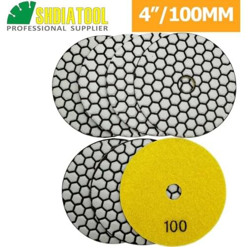SHDIATOOL 7pcs 4"/100mm Diamond Dry Polishing Pad For Granite Marble Grit #100 Flexible Resin Sanding Disc Stone Polisher Pad