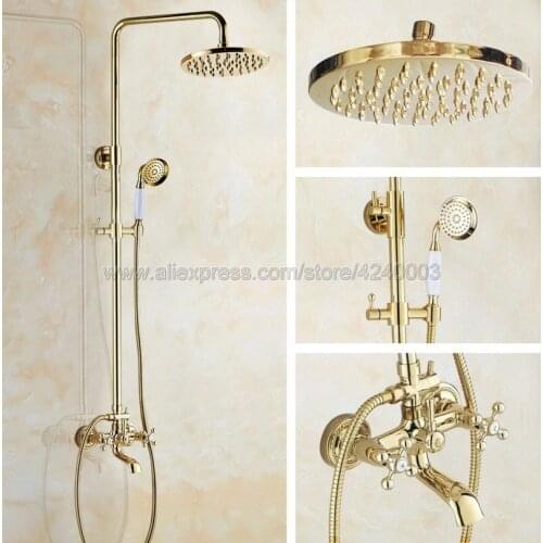 Rain Shower Faucets Gold Polished Brass Tub Shower Faucet with 8 inch Shower Head + Hand Shower Kgf352