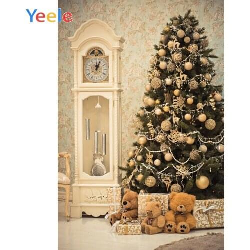Christmas Tree Bear Clock Gift Wooden Floor Home Decoration Backdrop Photography Custom Photographic Background For Photo Studio