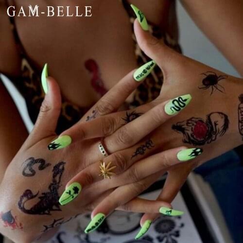 GAM-BELLE 24Pcs Green Fake Nails Snake Flame Butterfly Pattern Long Ballerina Full Cover Artificial Press On Nails Decoration