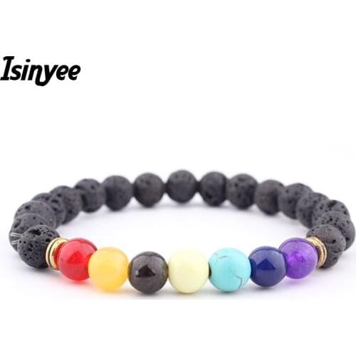 ISINYEE Fashion 7 Chakra Healing Bracelets For Men Women 8MM Black Lava Natural Stone Prayer Beads Bracelet Pulseira Feminina