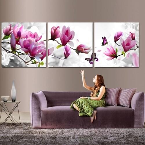 HD Prints Canvas Pictures Framework 3 Pieces Wall Art Purple Pink Tulip Flower Butterflies Paintings For Living Room Home Decor