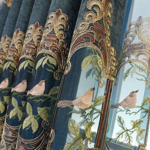 Chinese Classical Luxury Bird Embroidery Curtains for Living Room Blue Thick Chenille Semi-Blackout Curtains for Hotel