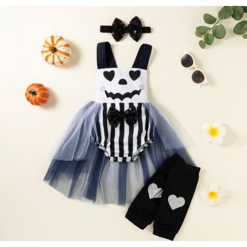 FOCUSNORM 3pcs Lovely Baby Girls Romper Dress For Halloween Days Sleeveless Printed Lace Patchwork Jumpsuits Headband Leggings