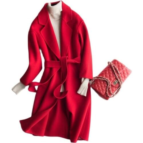 Long Solid Double Sided 100% Wool Jacket Women Elegant Overcoat New Winter Coat Casual Belt Windbreaker Outerwear Female Clothes