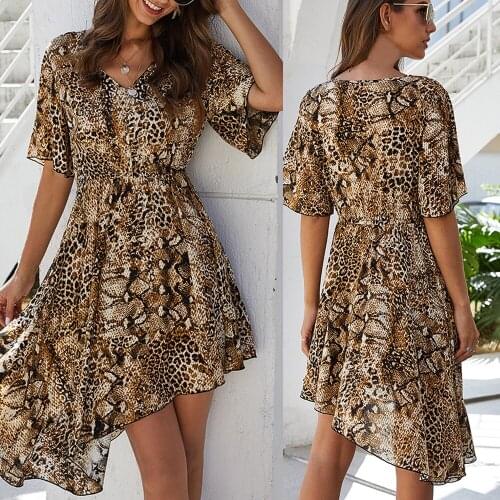 Leopard Deep V-Neck Women Dress Spring Summer Short Sleeve irregular Loose Elegant Sexy Dresses one piece S-XL