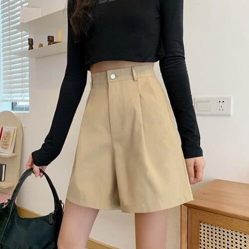 Summer Casual Kahaki Biker Shorts Women Plus Size High Waist Loose Shorts Knee Length Wide Leg Streetwear Womens Ullzang Shorts