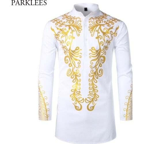 Mens Slim Fit Long Sleeve Dress Shirts 2019 Fashion White African Dashiki Print Shirt Men Streetwear Casual African Shirt Male