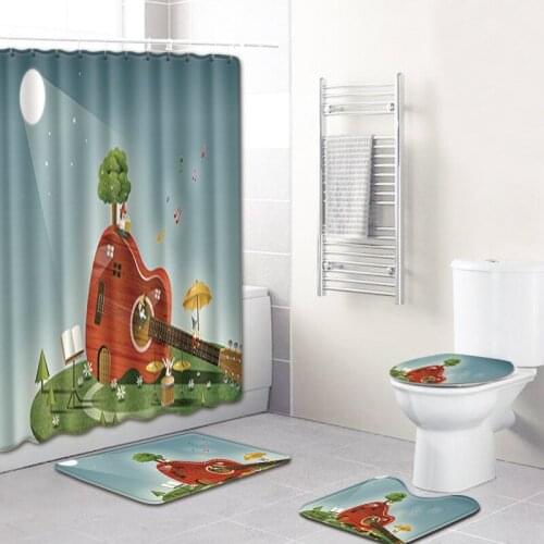 Musical Note Music Color Printing Shower Curtain Set, Bath Mat Carpet Four-piece Waterproof Shower Curtain Absorbent Pad Cover