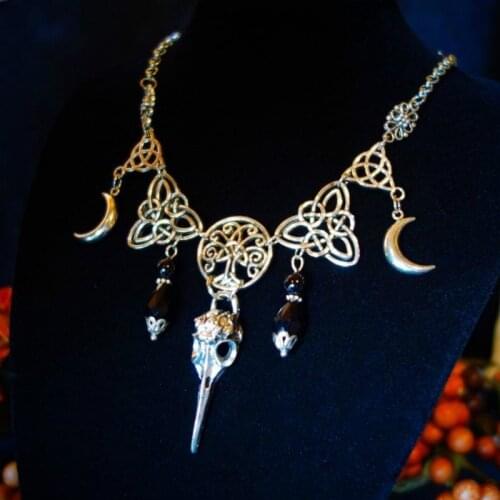 Necklace wicca pagan gothic celtic wicca wiccanjewelry antique silver black bird skull celtic knot moon crescent tree oflife