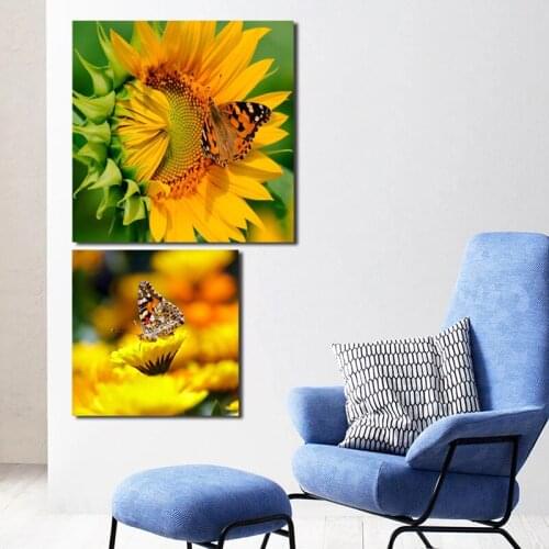 Sunflower Yellow Flowers Butterfly Canvas Painting Print Bedroom Home Decor Modern Wall Art Oil Painting Poster Pictures Artwork