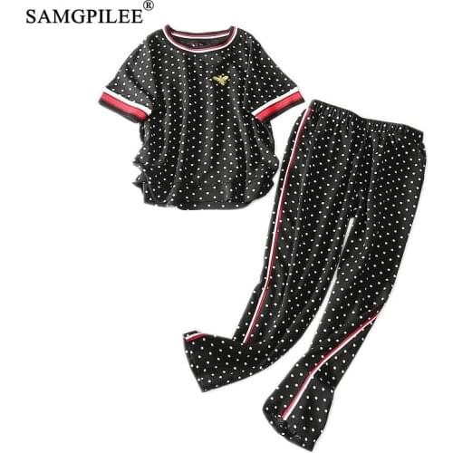Two Piece Set Women 2020 Short Sleeve Casual Sets For Women O-neck Elastic Waist Polka Dot Full Length Summer Two Piece Set 3XL