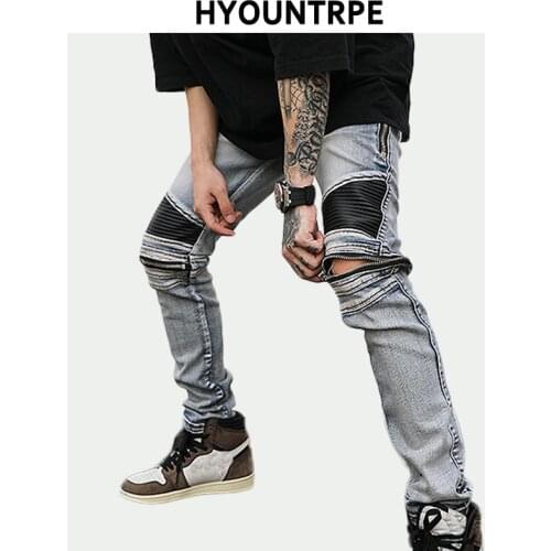 High Street PU Leather Zippers Patchwork Biker Jeans Mens Stretch Denim Slim Jean Pants Motorcycle Slim Trousers Hip Hop Pants