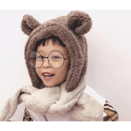 Unisex Kids Cartoon Bear Stripe Hats And Scarf Baby Cap Set Girl Boy Cap Scarf Set Child Winter Earmuffs Hat Scarf Warm Suit