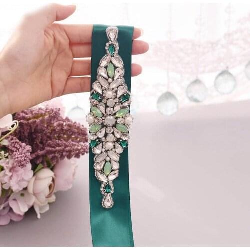 Green Rhinestone Bridal Belt Sash Wedding Dress Belt Crystal Applique for Bridesmaid Gown Evening Dress bestido de noche B39
