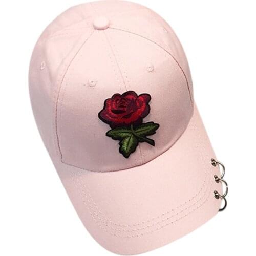 Women Baseball Hat Snapback Hip Hop Flat Cap Embroidered rose flower Breathable Holes Three Cool Iron Rings Left Shading Sun Hat