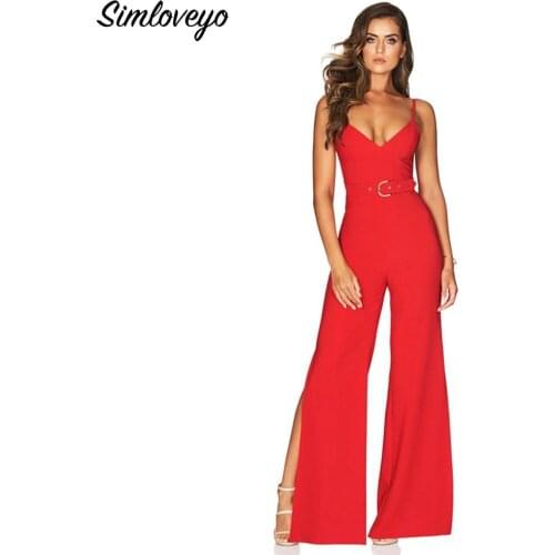 SIMLOVEYO Women Sleeveless Wide Leg Jumpsuits V Neck Strap solid Jumpsuit Elegant Lady Jumpsuit With belt sexy party vestido 027
