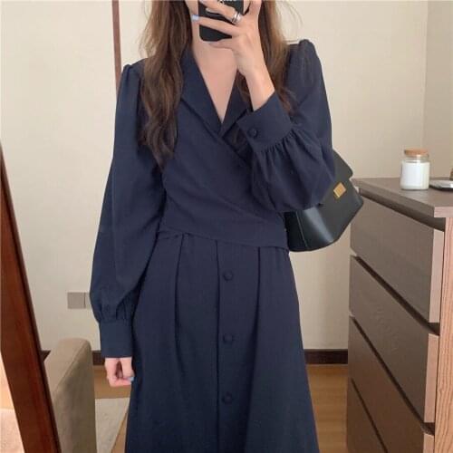 Notched Single Breasted Women Suit Dress New Minimalist Autumn Dress Elegant OL Long Sleeve Solid Long Dresses Vestidos