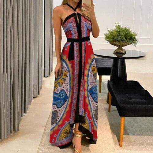 Summer Floral Print Off Shoulder Women Dress Vintage Halter O Neck Strapless Maxi Dress Sundress Large Hem Maxi Dress Backless