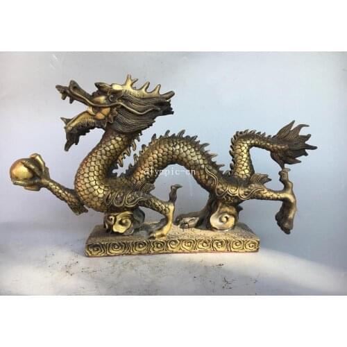 19'' Fine brass carved auspicious clouds chinese Beast Dragon play ball statue