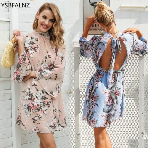 2020 Fashion Summer Printing A Word Dress Woman O-neck Three Quarter Belt Bohemian Mini Dress Sexy Backless High Waist Sukienka