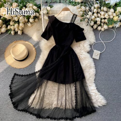 2021 summer new women short sleeve ruffles Split chiffon with mesh A-line dress female Chic elegant fashion dresses