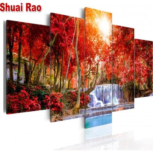 Waterfall Autumn Forest Diamond embroidery cross stitch Full round 3D diamond mosaic Square diamond painting Crystal 5 Piece