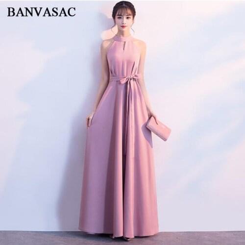 BANVASAC 2018 Halter Bow Sash A Line Long Evening Dresses Elegant Zipper Back Off The Shoulder Party Prom Gowns