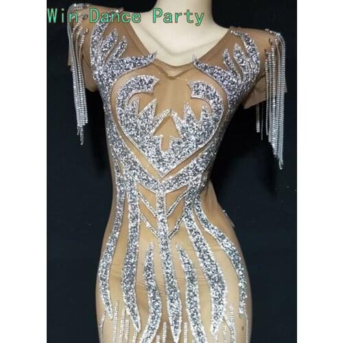 Sparkly Silver Rhinestone Mirror Tassel Pole Dance short Dress Women Birthday Stage play Celebrate Dress Dancer Party Show Dress