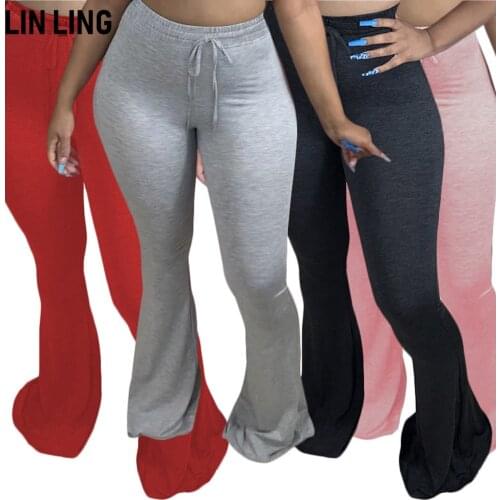 LINLING Sexy and Versatile Temperament Solid Color Womens Trousers Casual Tight Belly High Waist Strap Flared Pants