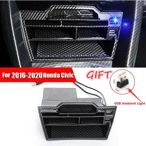 For 2016-2020 Honda Civic Car Accessories Interior Carbon Fiber Console Storage Box With USB Port