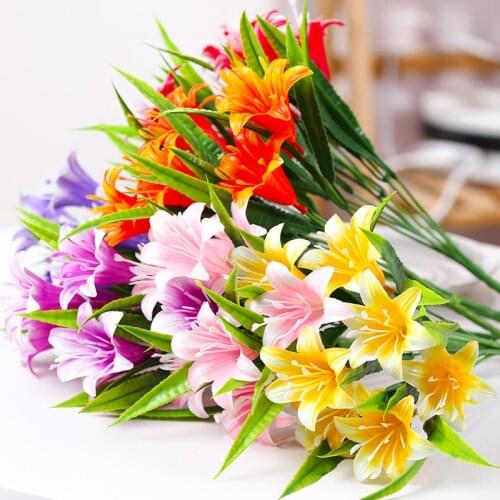 7Heads/Branch Artificial Plastic Lily Simulation Flower Bouquet Photo Props Home DIY Table Decoration Durable Artificial Flower