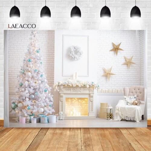 Laeacco Interior Christmas Tree Star Gift White Brick Wall Fireplace Background Child Portrait Customized Photography Backdrops