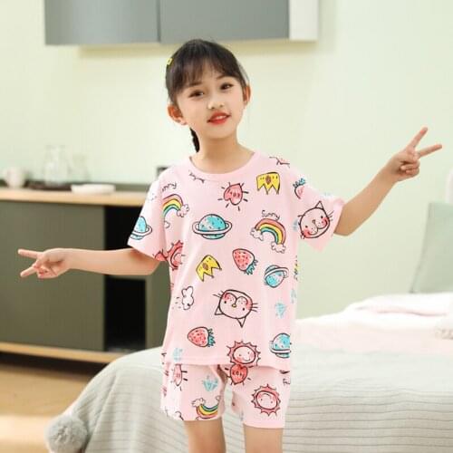 Summer Baby Kids Short Sleeves+Shorts Baby Girl Fashion Clothing Sets Girls Lovely Clothing Outfits Rainbow Cat Pattern Pajamas