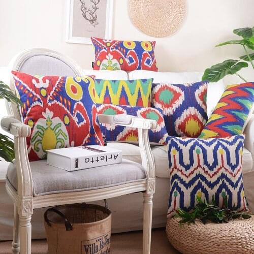 Linen Pillow Cover Home decorative Cushion Cover Ikat Colorful Abstract Geometric Red Blue Pillow Case 45cm*45cm