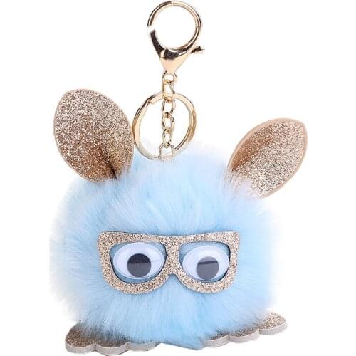 Cute Fluffy Glass Pom Pom Rabbit Keychain For Women Girls Kids Bag Cars Leather Ears Faux Fur Chaveiro Pompom Key Chains Holder