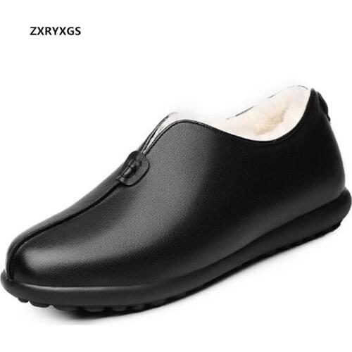2020 New Winter Genuine Leather Wool Warm Shoes Men Boots Flats Comfortable Deep Mouth Ankle Boots Snow Shoes Black Casual Boots