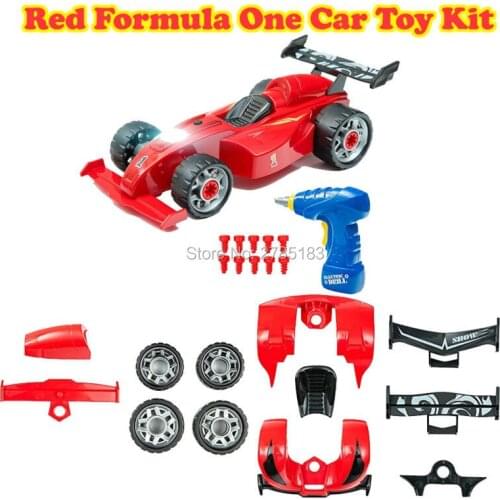 Take Apart Red Formula One Car Toy Kit Take-A-Part Toy for Kids with 24 Take Apart Pieces,Creativ Tool Drill, Lights and Sounds