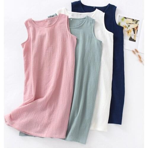 Summer 100% Cotton Gauze Sleepwear Dress Women Solid Sexy Nightgowns Sleeveless Sleep Tops Female Nightie Plus Size Homewear