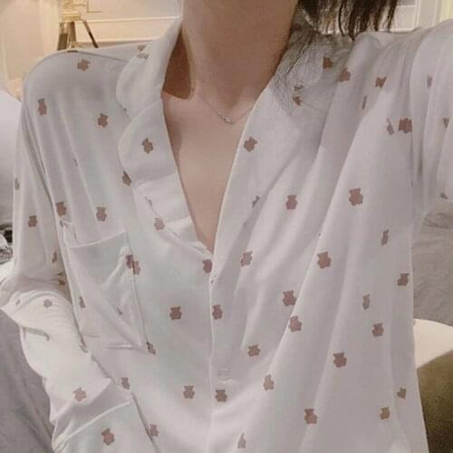 Night Suits for Women New Spring Modal Cartoon Bear Print Pajamas Womens Suit Long Sleeve Lapel Sweet Girls Home Clothes
