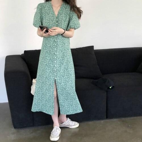 Women Summer Green V Neck Elegant Floral Long Shirt Dress 2021 Loose Waistline A-line Midi Sundress Split Hem